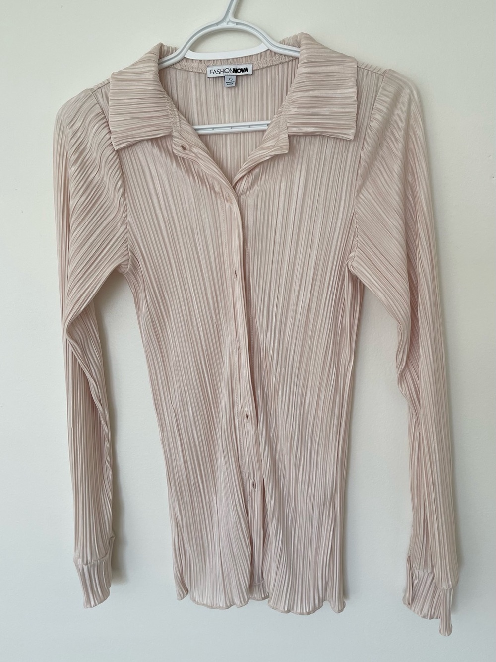 Fashion Nova Pleated Long-Sleeve Button-Down Top - Light Beige